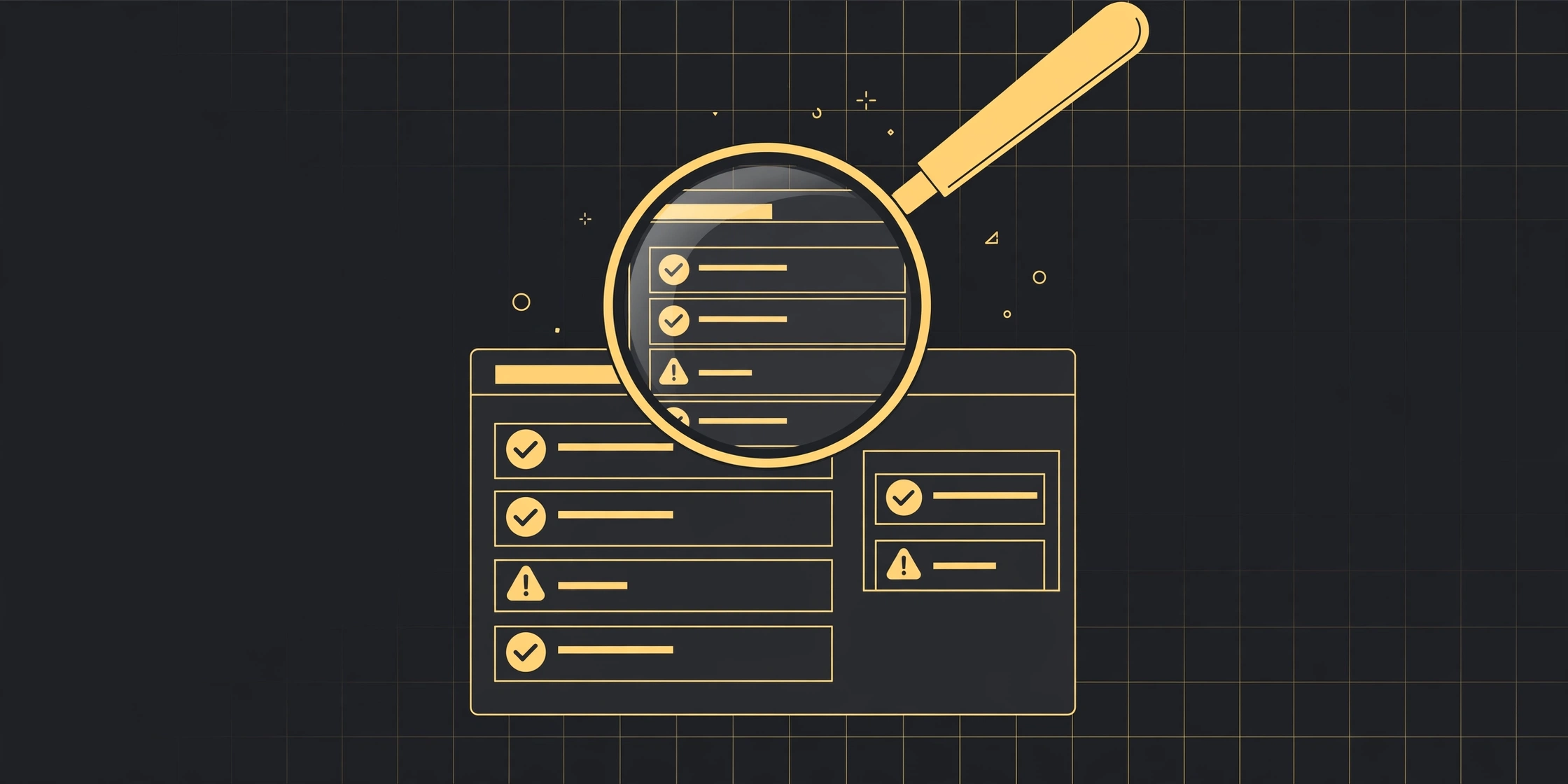 Illustration of a technical site audit under a magnifying glass